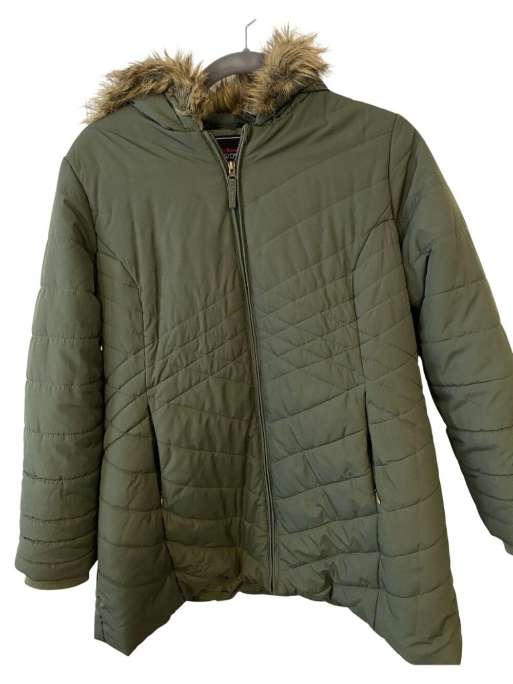 Below Zero Rothschild Womens XL Olive Green Puffer Jacket Faux Fur Hood Quilted